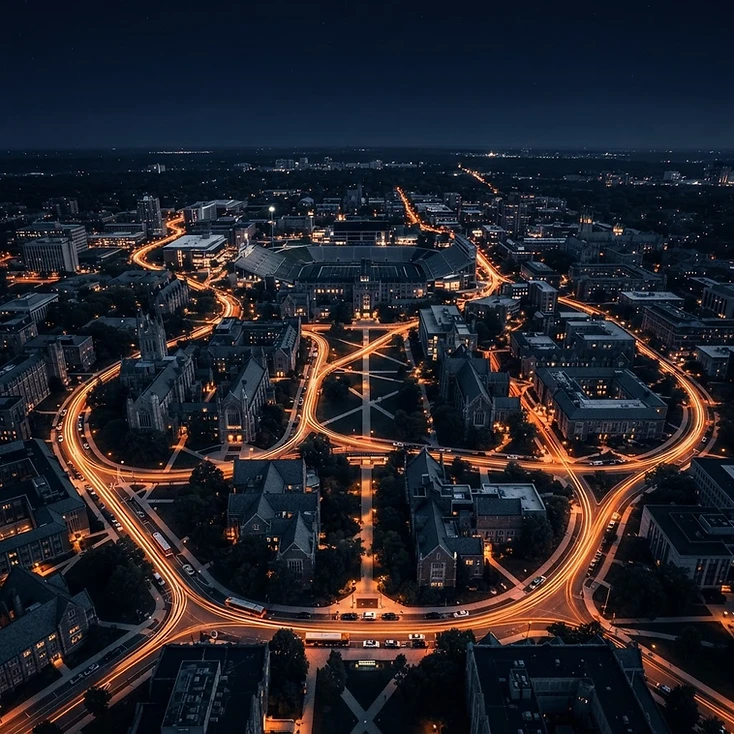 Campus aerial at night with coordinated logistics routes