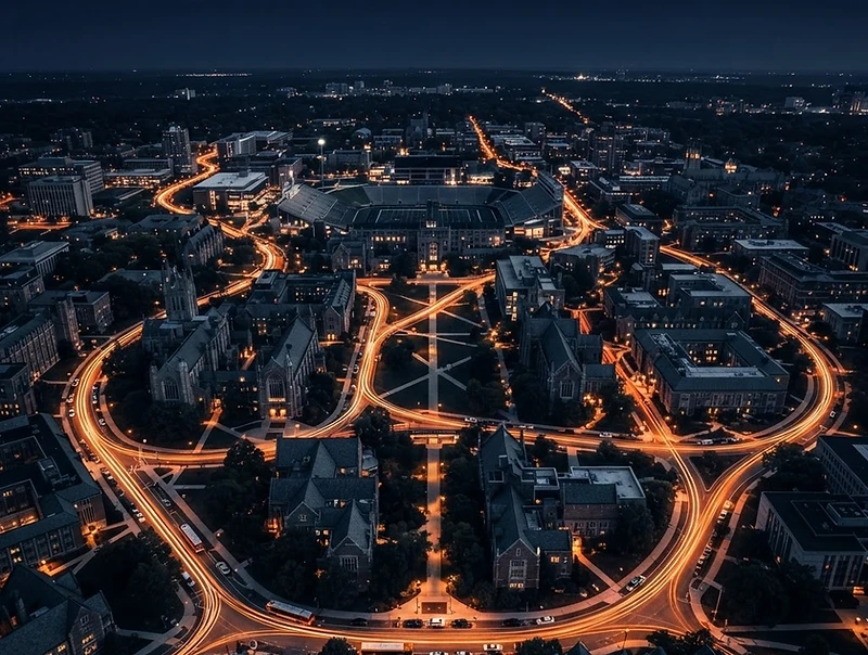 Aerial night view of a university campus with glowing logistics routes