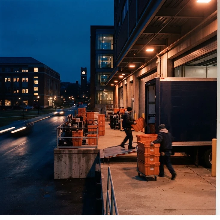 Movers staging bins at a campus loading dock