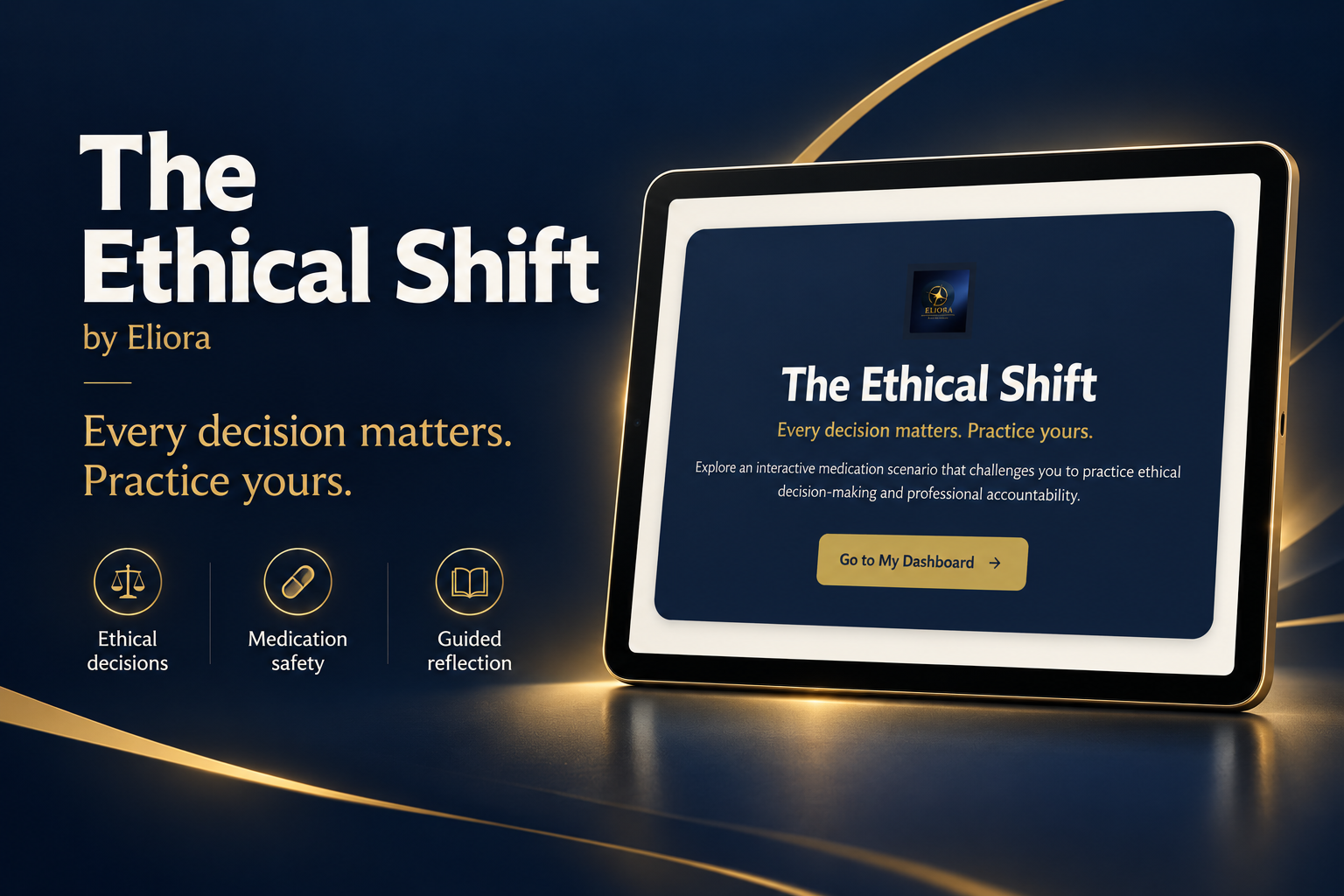 The Ethical Shift by Eliora, showing the app's welcome screen in a tablet mockup.