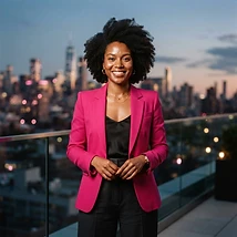Baddie in a fuchsia jacket on a rooftop at dusk