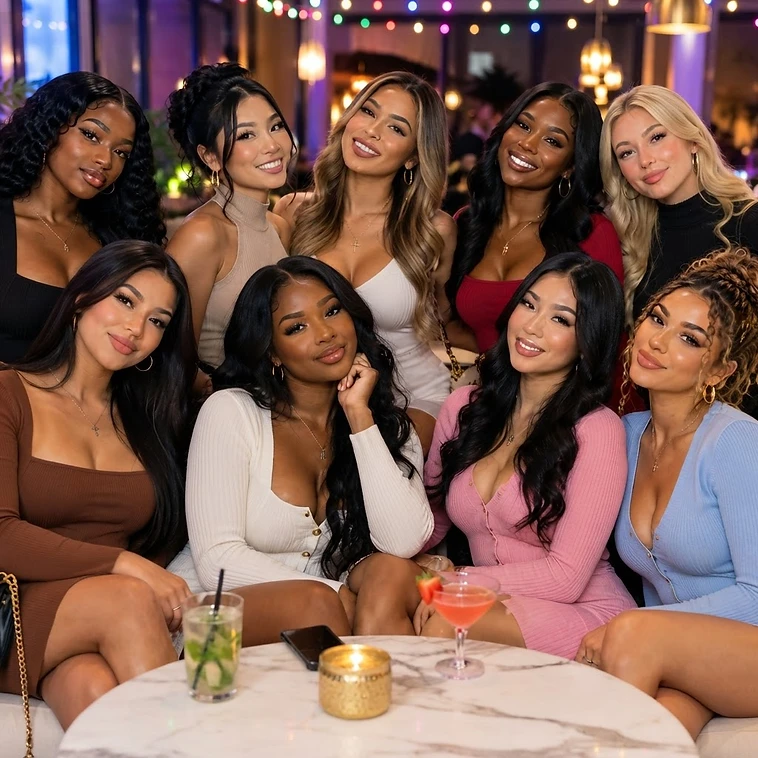 Friends gathered together on a couch at an evening lounge