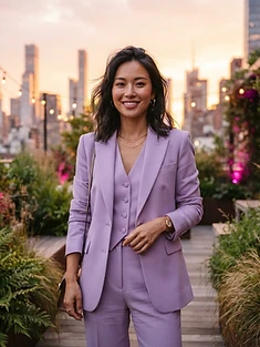 Adult woman in a lilac outfit in a rooftop garden at sunset