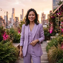 Baddie in a lilac outfit in a rooftop garden at sunset