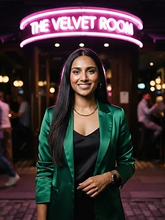Adult woman in an emerald satin blazer under neon pink nightlife signage