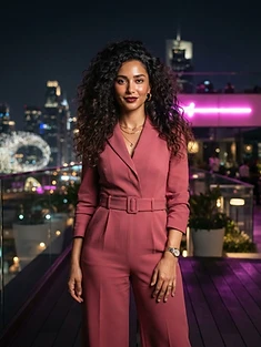 Adult woman in a rose tailored jumpsuit on a rooftop terrace with a neon skyline