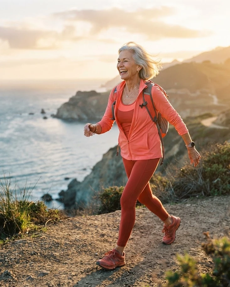 Senior woman walking energetically on a coastal path at golden hour