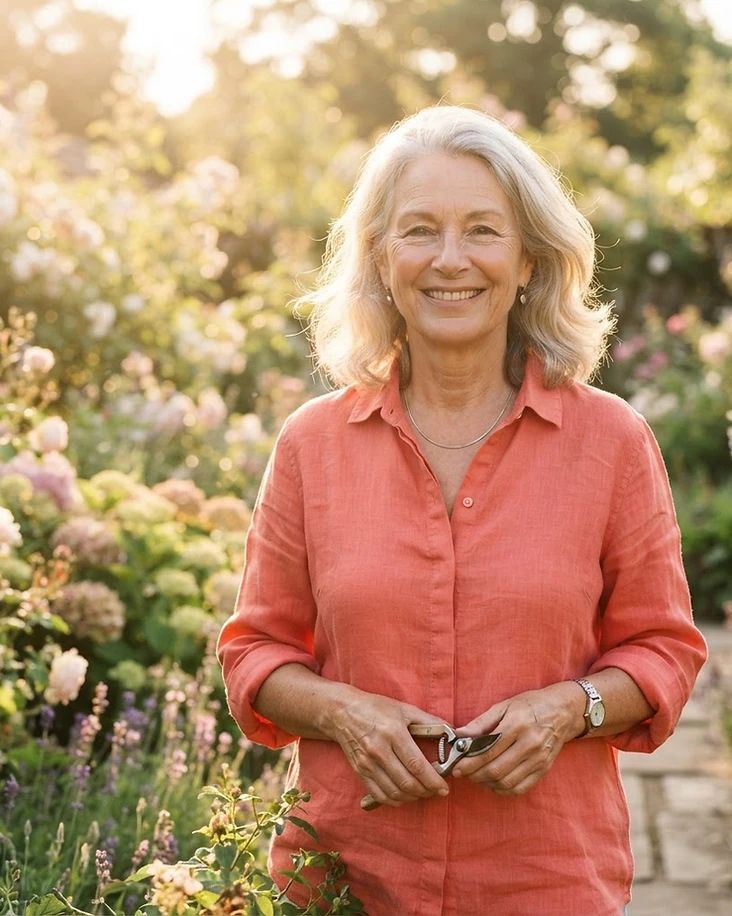 Marge, the author, in her sunlit garden