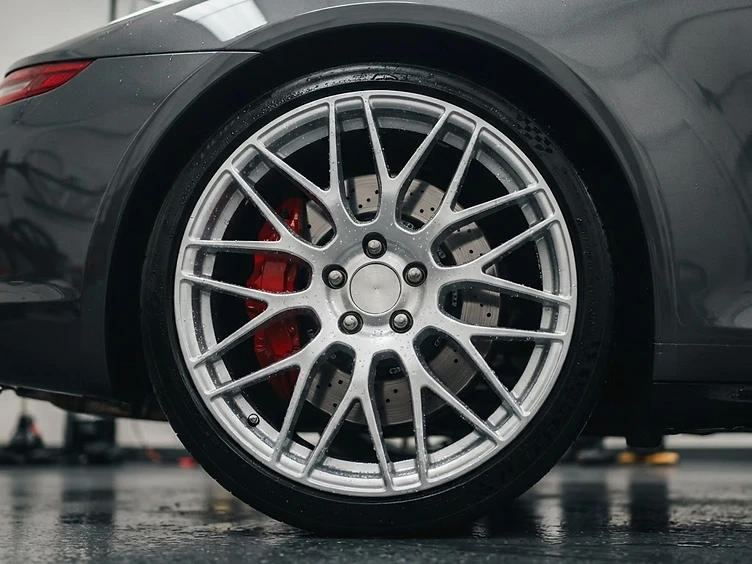 Clean glossy silver alloy wheel with water beading on the wheel face – Mack2Steam Protection, La Crosse WI