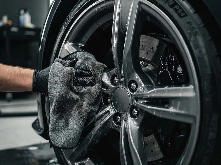 Wheel barrel and spokes being cleaned on a dark car before ceramic wheel protection in La Crosse, WI