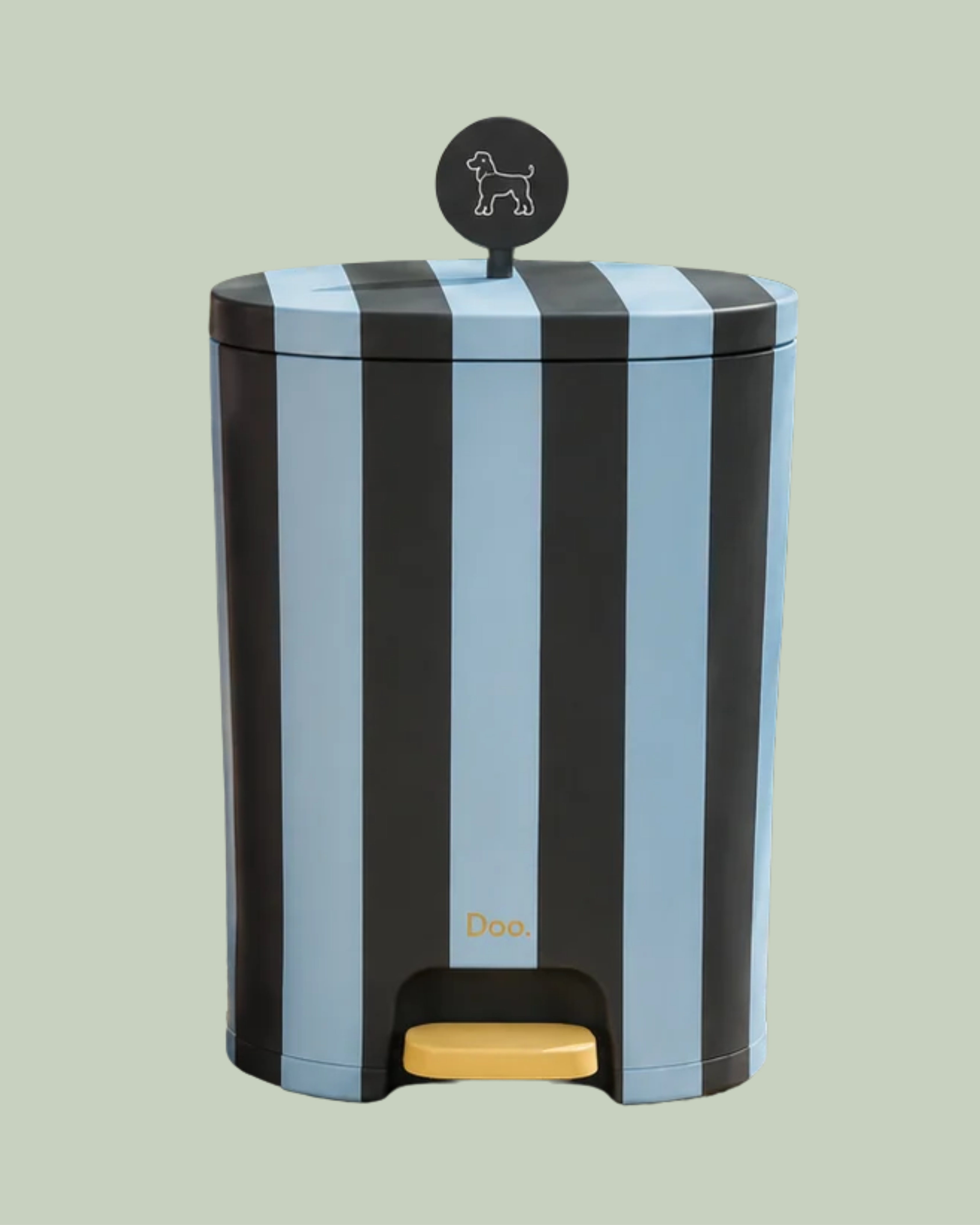 Doo dog waste bin with matte black and sky blue vertical pinstripes, a black foot pedal and a dog icon on the lid, against a pale sage-green background.