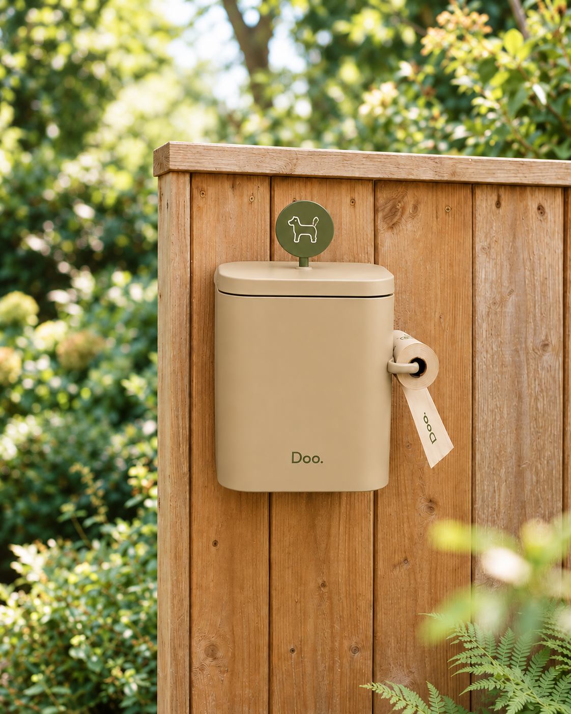 Sandy tan Doo dog waste bin mounted on a cedar fence, with a bag dispenser and a hanging Doo bag.