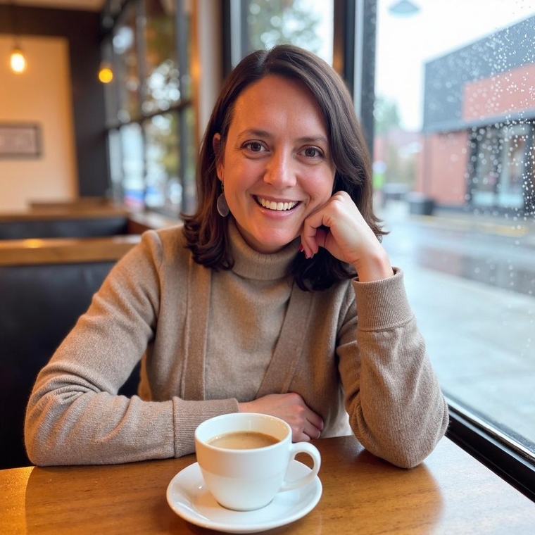 Dr. Alex at a café table by a rainy window, smiling