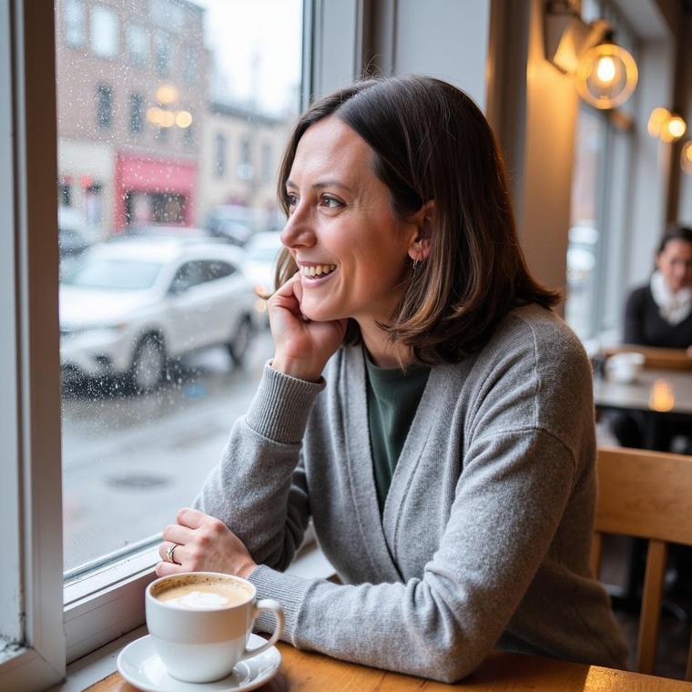 Dr. Alex smiling by a café window