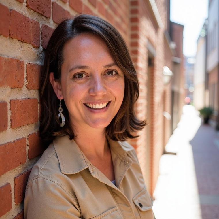Dr. Alex Swenson-Ridley leaning against a brick wall, smiling