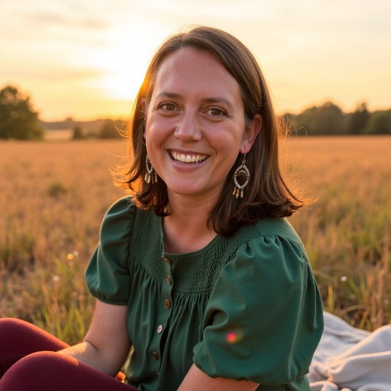 Dr. Alex Swenson-Ridley in a green blouse, sitting in a golden field