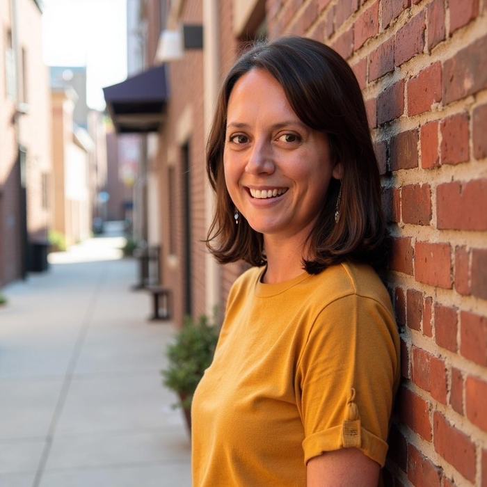 Dr. Alex in a mustard tee leaning on a brick wall, smiling