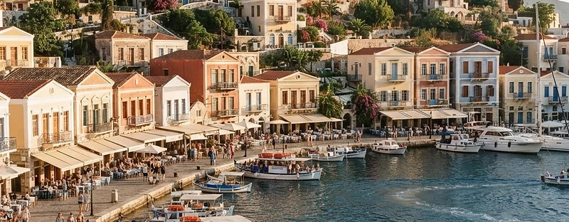 Ochre and white houses with arcades along the waterfront of Poros Town, with a clock tower above.