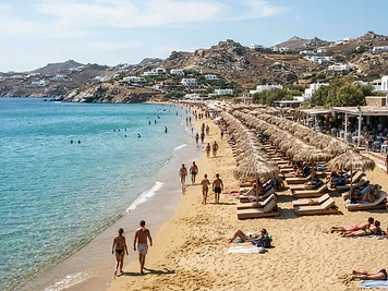 The broad golden sand and sunbeds of Elia beach on Mykonos.