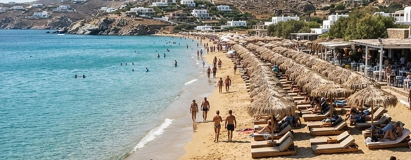 The broad golden sand and sunbeds of Elia beach on Mykonos.
