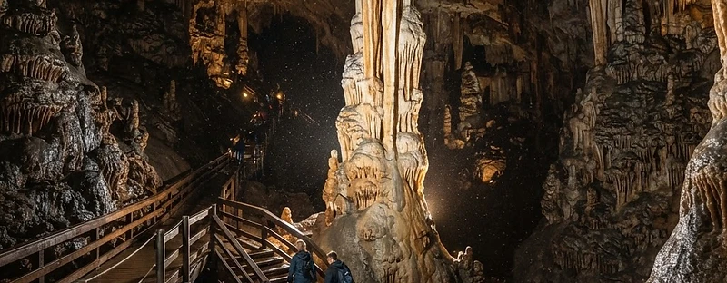 The great central stalactite of the cave of Antiparos, with a walkway and steps descending into the chamber.