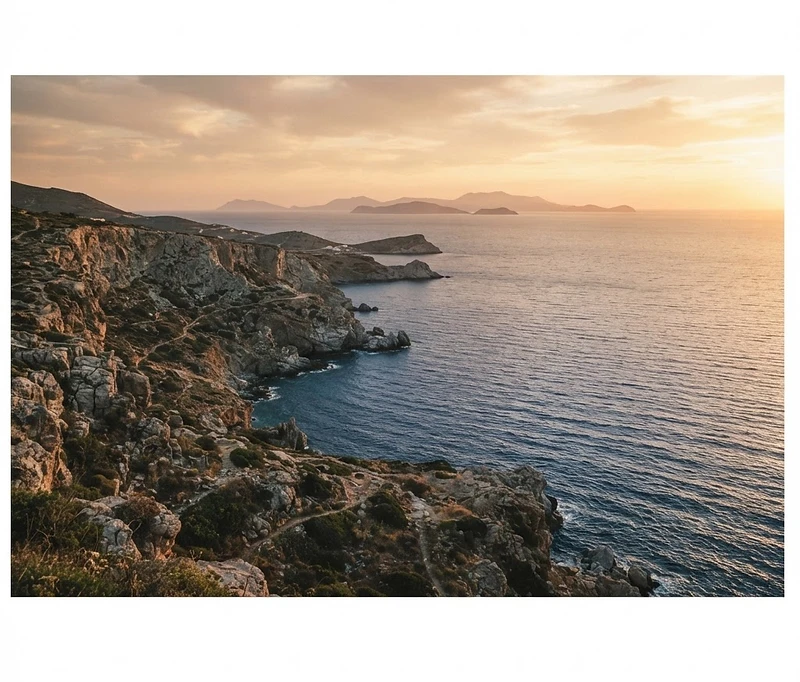 Greek island coastline at golden hour