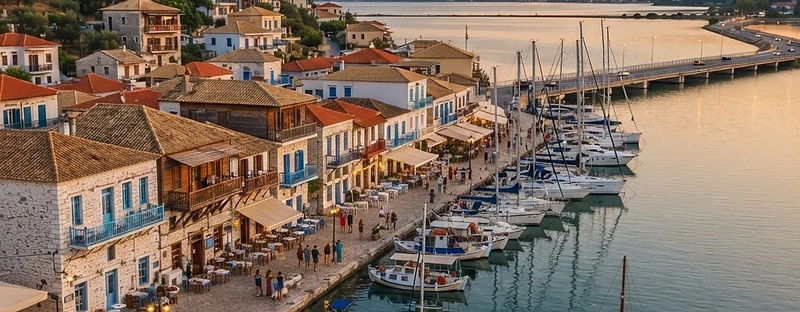 Low houses with wooden upper floors along the waterfront of Lefkada Town, with yachts moored in the marina.