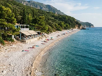 The long pebble beach at Milia on the west coast of Skopelos, with pines behind and a taverna at one end.