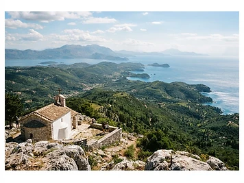 The view from the summit of Mount Pantokrator over wooded hills to the sea.