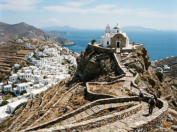 The whitewashed church of Panagia on its rock above Chora on Folegandros, with the zigzag path below.