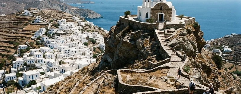 The whitewashed church of Panagia on its rock above Chora on Folegandros, with the zigzag path below.