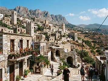 The marble-paved lanes and stone houses of Apeiranthos on the slopes of Mount Fanari, Naxos.