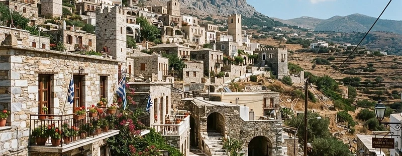 The marble-paved lanes and stone houses of Apeiranthos on the slopes of Mount Fanari, Naxos.