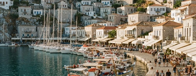 Stone captains' houses around the small harbour of Hydra Town.