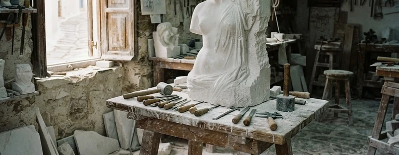 A half-carved marble figure, chisels and marble dust in a sculptor’s workshop on Tinos.