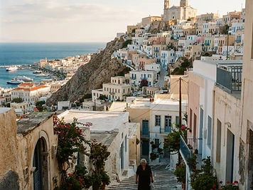 Whitewashed houses stacked up the hill of Ano Syros above the harbour of Ermoupoli.