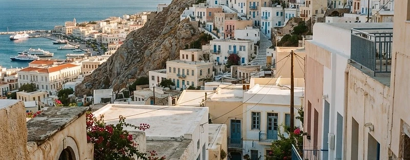 Whitewashed houses stacked up the hill of Ano Syros above the harbour of Ermoupoli.