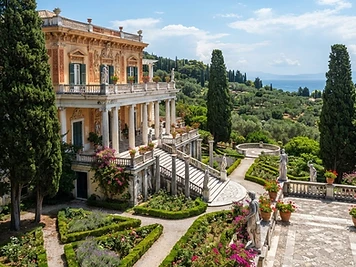 The ochre neoclassical facade and gardens of the Achilleion palace, Corfu.