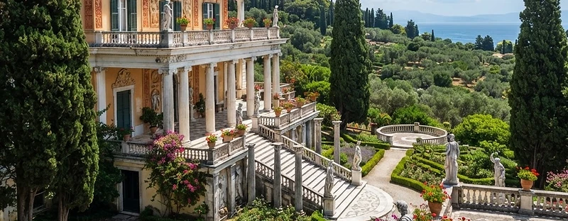 The ochre neoclassical facade and gardens of the Achilleion palace, Corfu.