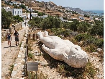 The unfinished giant marble kouros statue lying beside a lane at Apollonas, Naxos.