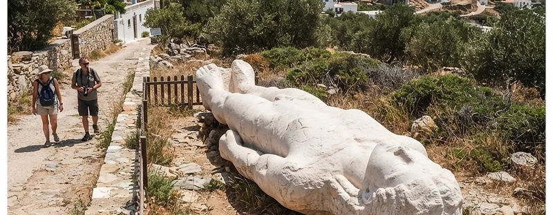 The unfinished giant marble kouros statue lying beside a lane at Apollonas, Naxos.