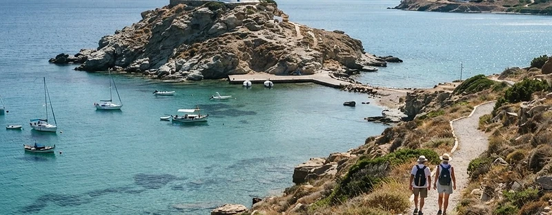 The rocky headland, small monastery and sheltered bay of Paros Park.