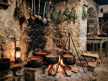 Clay pots over a wood fire in a mountain taverna in Crete
