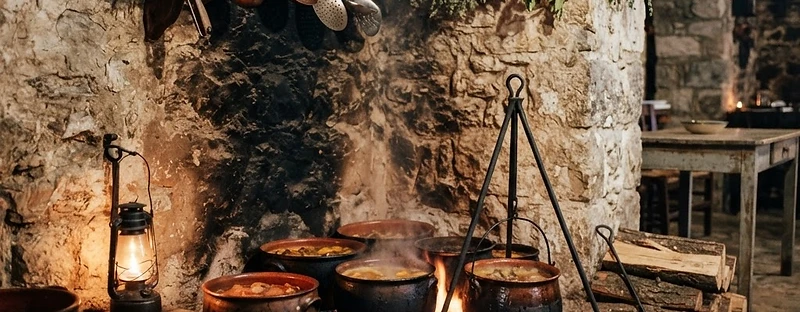 Clay pots over a wood fire in a mountain taverna in Crete