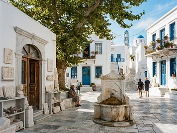 The marble-paved square and fountain of Pyrgos on Tinos, with marble doorframes on the houses.