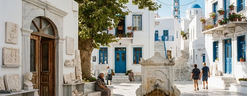 The marble-paved square and fountain of Pyrgos on Tinos, with marble doorframes on the houses.