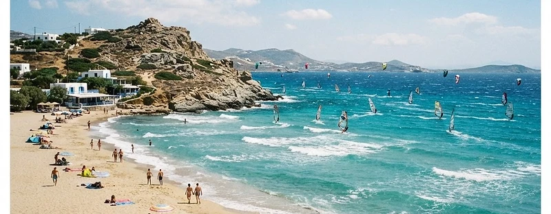 The wide sandy beach and turquoise water at Mikri Vigla on Naxos, with windsurfers offshore.