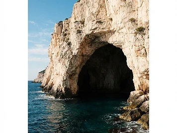 The dark entrance of the sea cave of Chrysospilia in the cliff face north of Karavostasis.