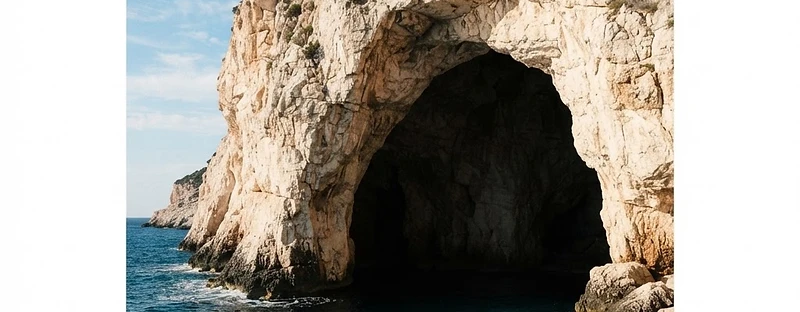 The dark entrance of the sea cave of Chrysospilia in the cliff face north of Karavostasis.
