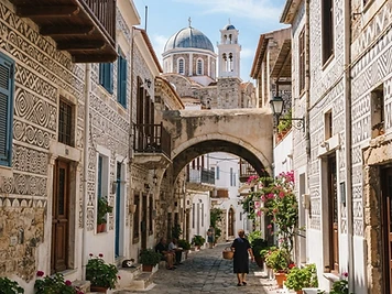 Tall stone houses in Pyrgi on Chios covered in black and white geometric patterns, with an arched passage over the lane.
